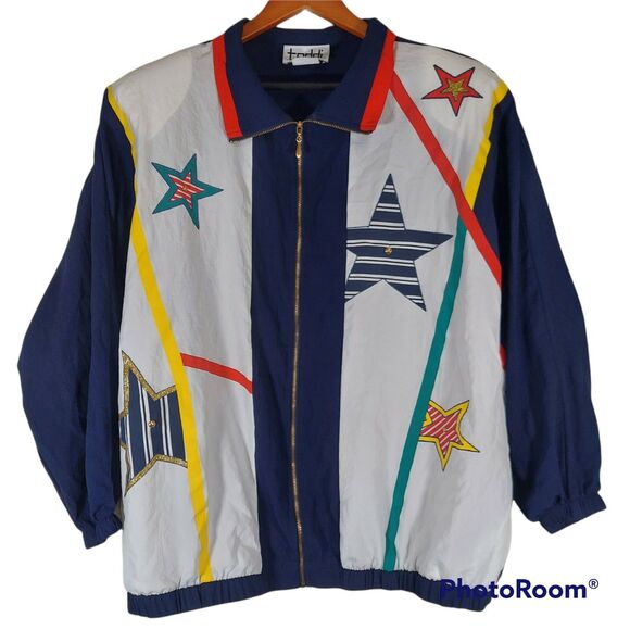 Teddi Jackets & Blazers - Teddi Vintage Abstract‎ Stars Full Zip Women's Windbreaker Bomber Jacket L USA